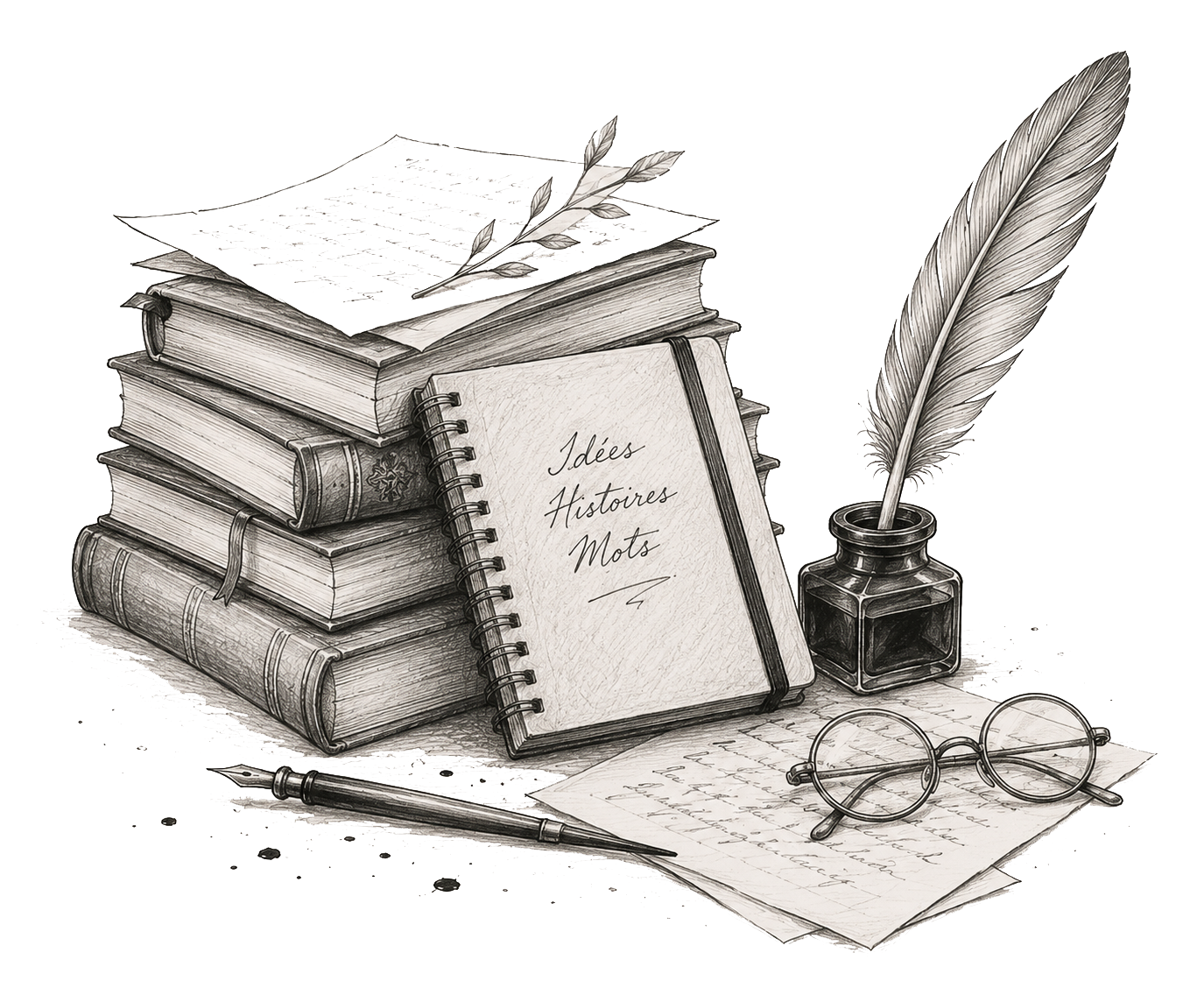 Livres, carnet et objets d'écriture